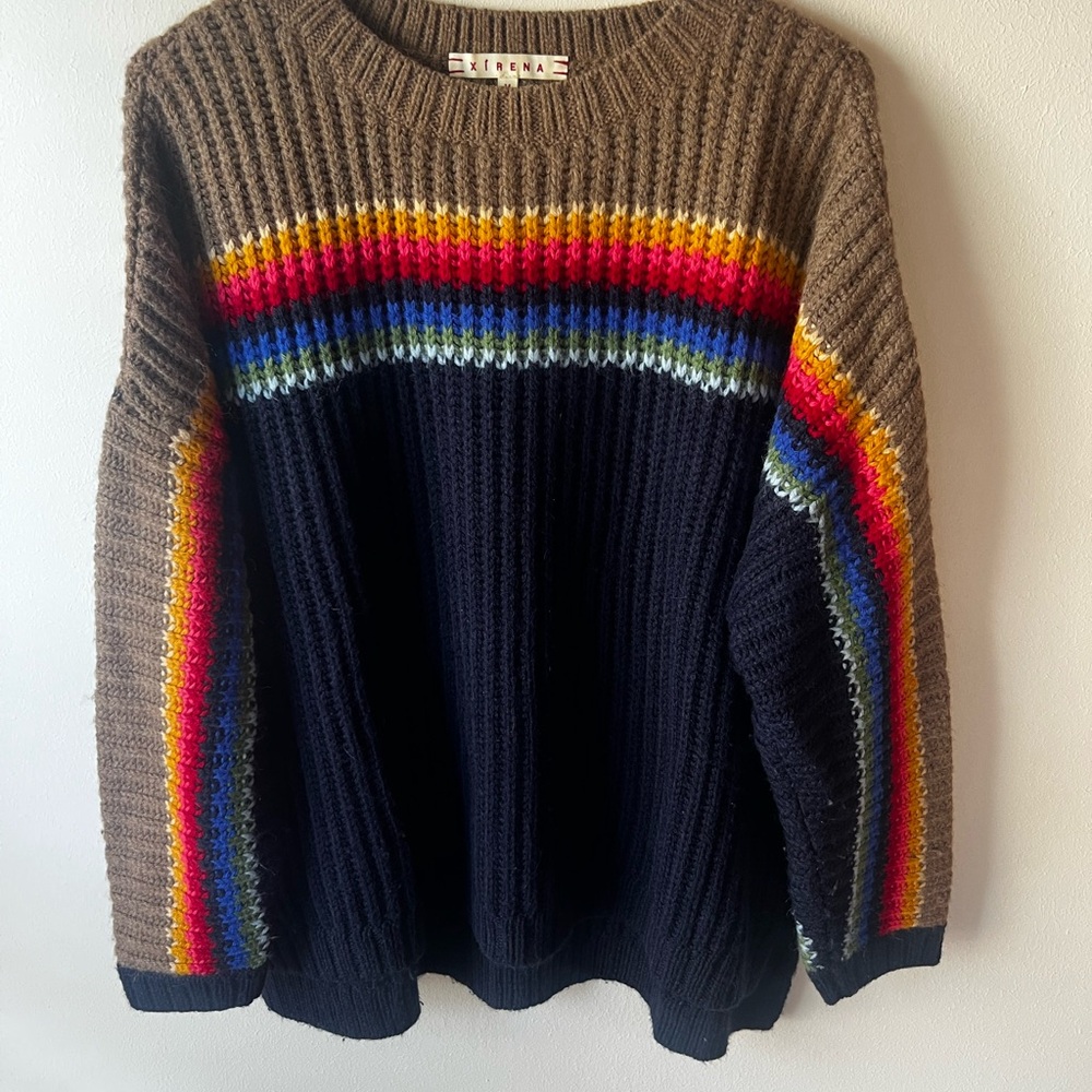 XiRENA Navy & Brown Ribbed Sweater with Rainbow Stripes